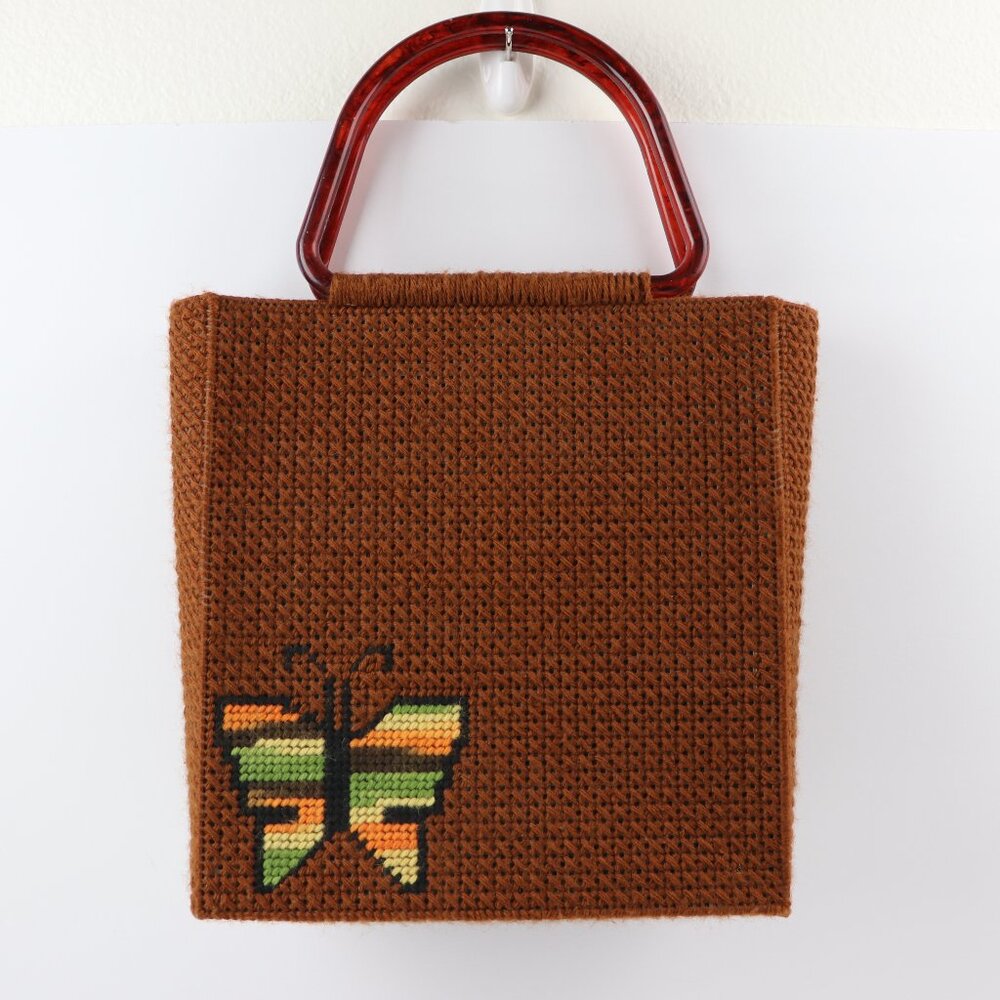 Vintage Handmade Canvas Boho Needlepoint Butterfly Tote Purse Bag Floral Inside